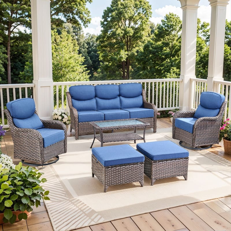 Outdoor Patio Sofa Swivel Chair with 6-Inch Thick Cushions Set - Brwon Wicker Blue Cushion - 6PCS Sofa w/ Swivel Chair Table Ottoman