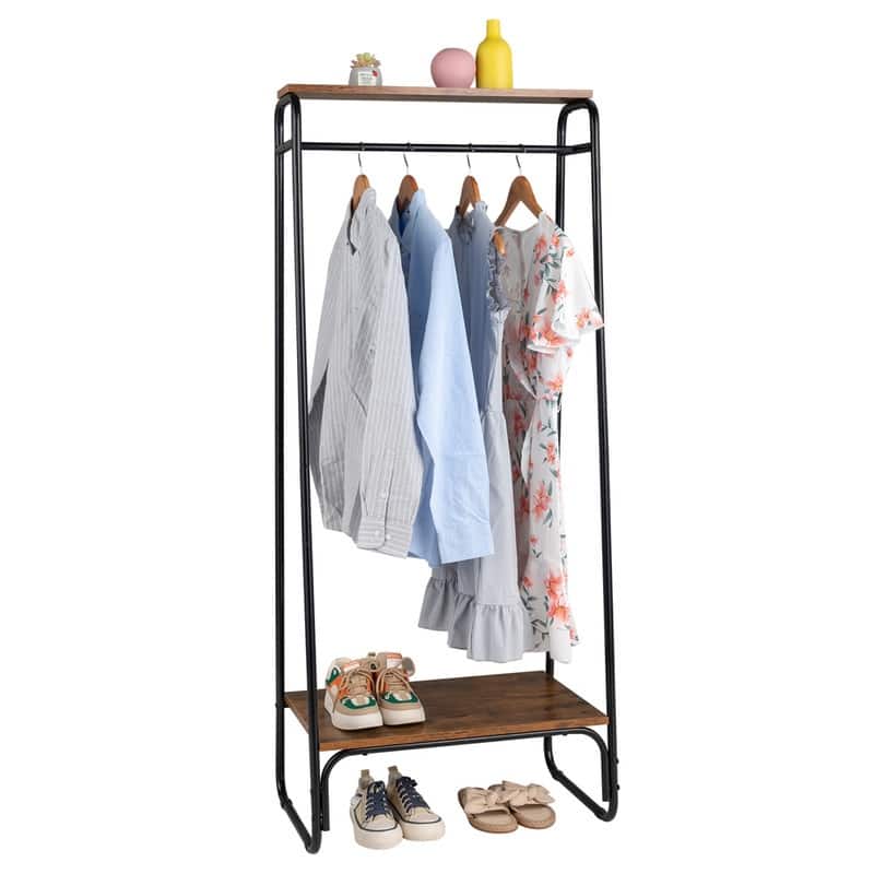 Freestanding Clothing Rack with 2 Wood Shelves - N/A