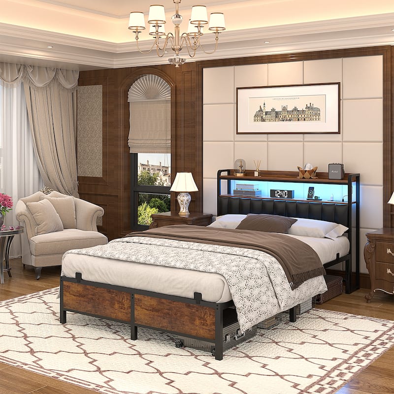 Platform Bed Frame with Upholstered Storage Headboard, Full/ Queen/ King Beds with Charge Station and LED Lights