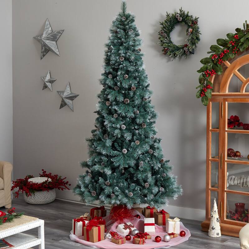 9ft. Frosted Tip Pine Artificial Christmas Tree with 700 Clear Lights, Pine Cones & 1512 Branches - Stunning X-Mas Display