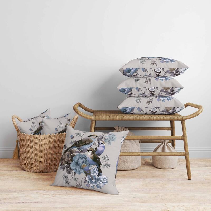 Petal Perched Birds Faux Suede Reversible Throw Pillow Silver and Crayola