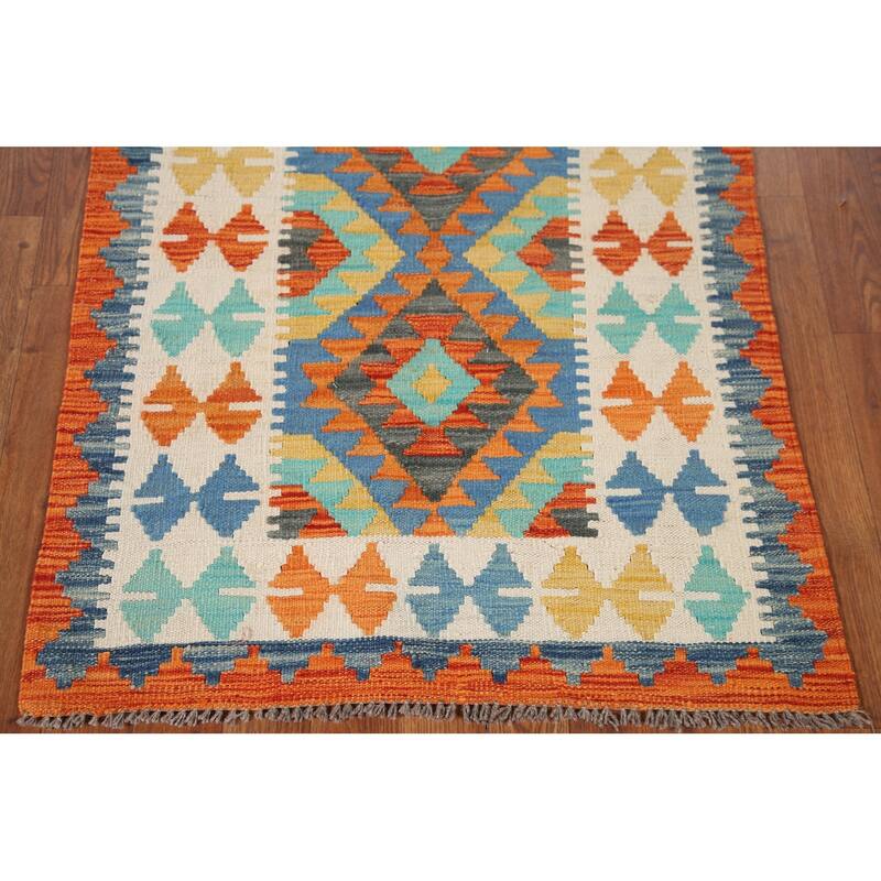 Hand Woven Oriental 100% Wool Carpet Southwestern Geometric Multi-Colored Kilim Area Rug - 3' 8'' X 2' 7''