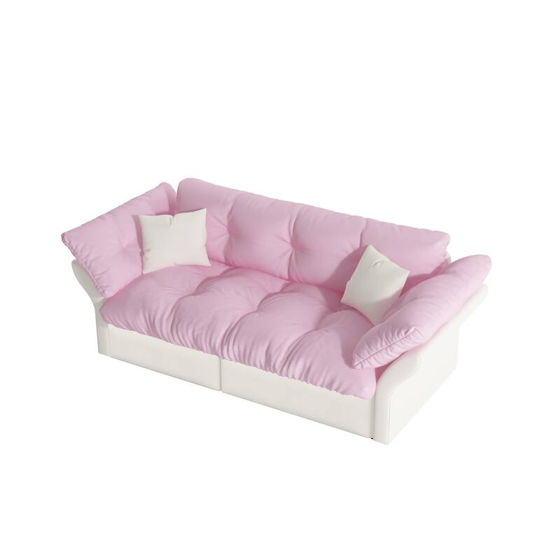 74.8" Queen Pull Velvet Out Sofa Bed, 3-in-1 Convertible Sleeper Tufted Sofa with 2 Soft Pillows-Pink