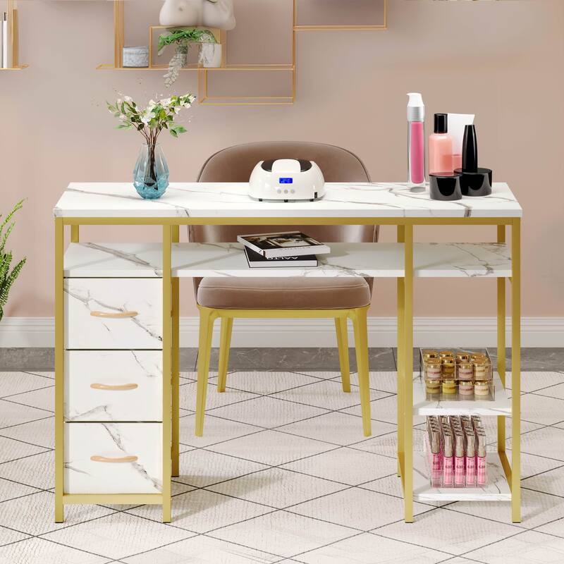 Moasis Makeup Vanity Table Computer Desk with 3 Fabric Drawers,Nail Art Desk Workstation - White