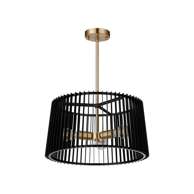 3-Light Black and Brass Drum Chandelier with Louvered Metal Shade - Black&Brass