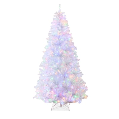 Pre-Lit Hinged Artificial White Christmas Tree w/ Multicolor Lights