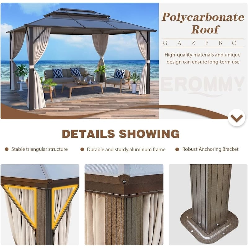 Outdoor Hardtop Gazebo for patio,Polyester Double Roof Canopy, Permanent Pavilion with Aluminum Frame,Curtains & Netting