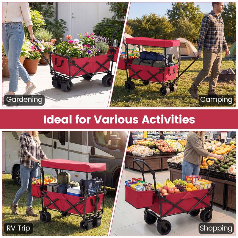 Gymax Collapsible Wagon w/Removable Canopy Adjustable Handles