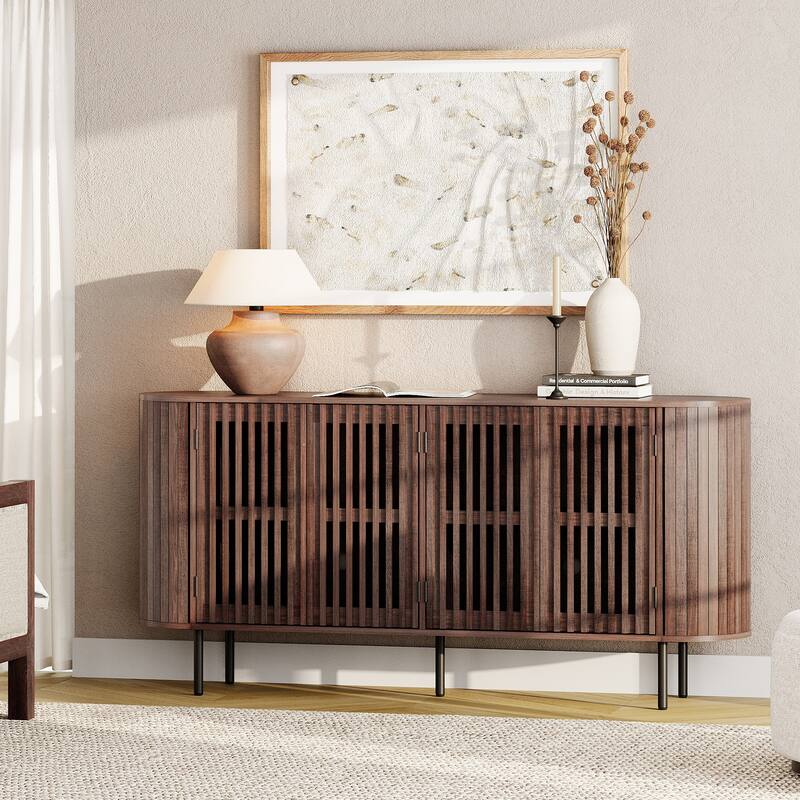 WAMPAT 66" Fluted Sideboard Buffet Cabinet,Wood Storage Cabinet with 4 Doors