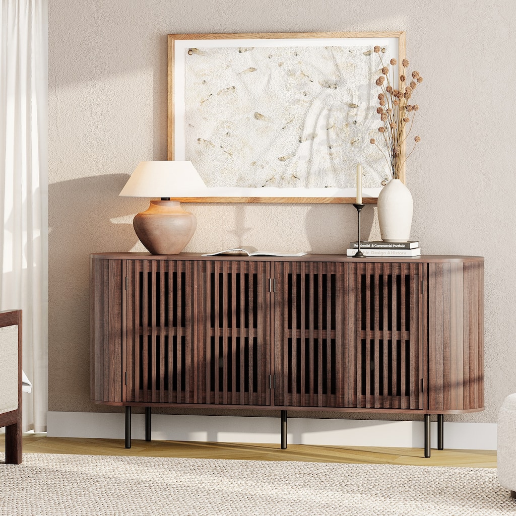 WAMPAT 66" Fluted Sideboard Buffet Cabinet,Wood Storage Cabinet with 4 Doors