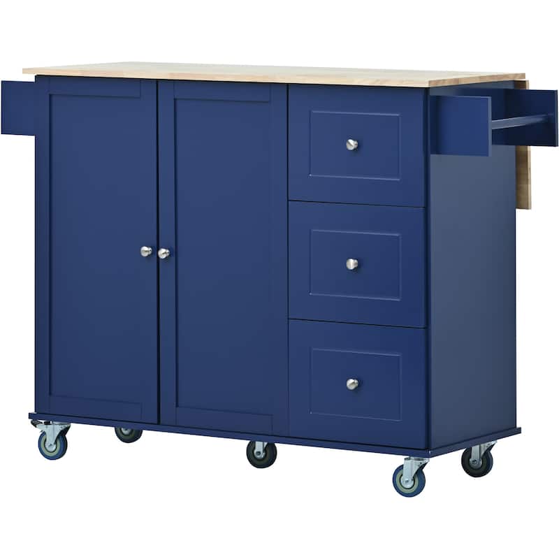 Rolling Kitchen Island with Solid Wood Top, Storage Cabinet and Drop Leaf Bar w/Spice Rack, Towel Rack for Living Room