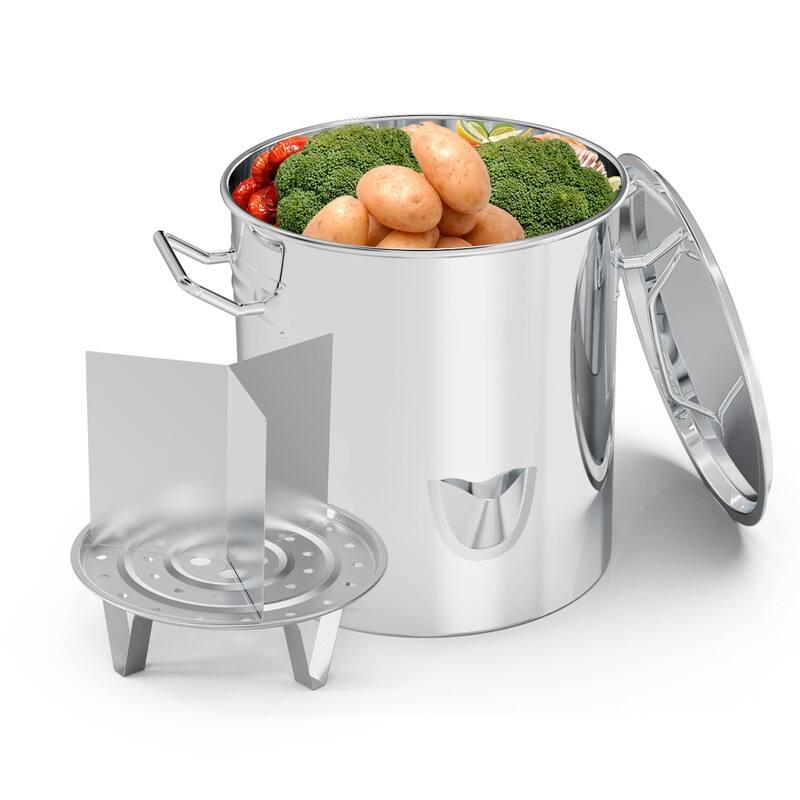 Stainless Steel Steamer Pot With Water Fill Spout, Divider And Rack