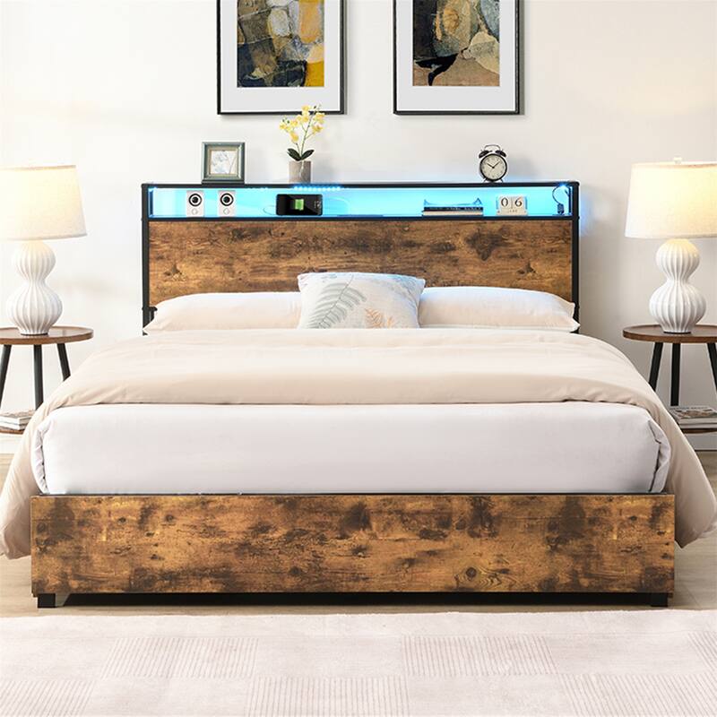 Queen/Full Size Bed Frame,Storage Headboard with Charging Station - Queen