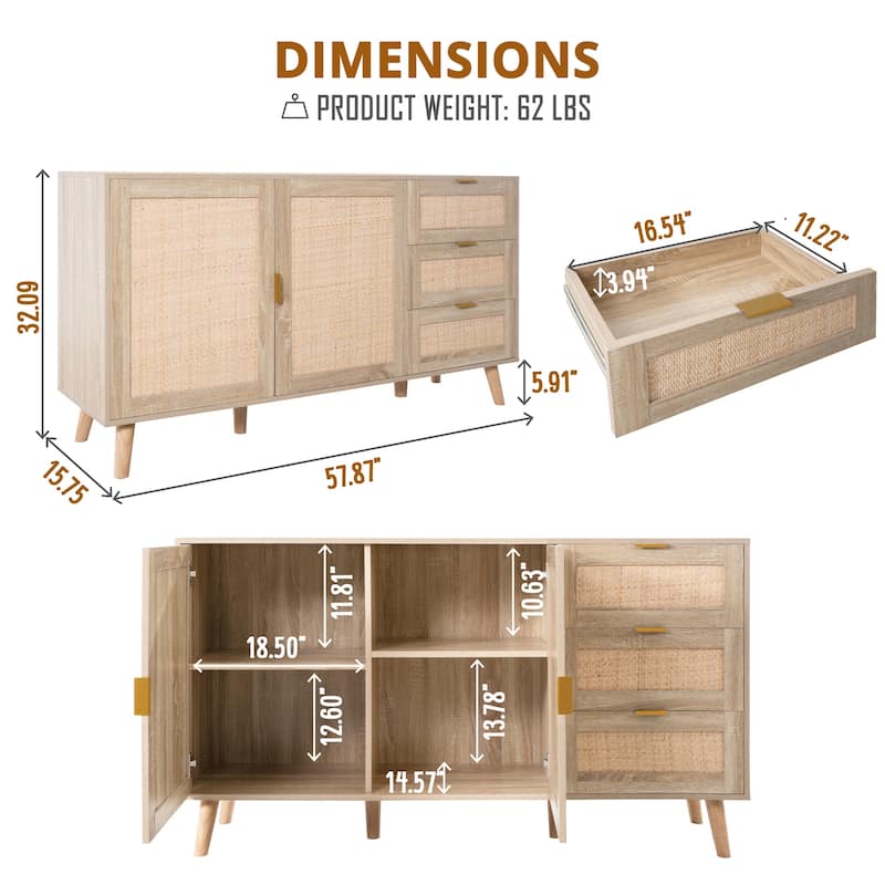 Rattan Sideboard Buffet Cabinet with 2 Doors, 3 Drawers, and Storage