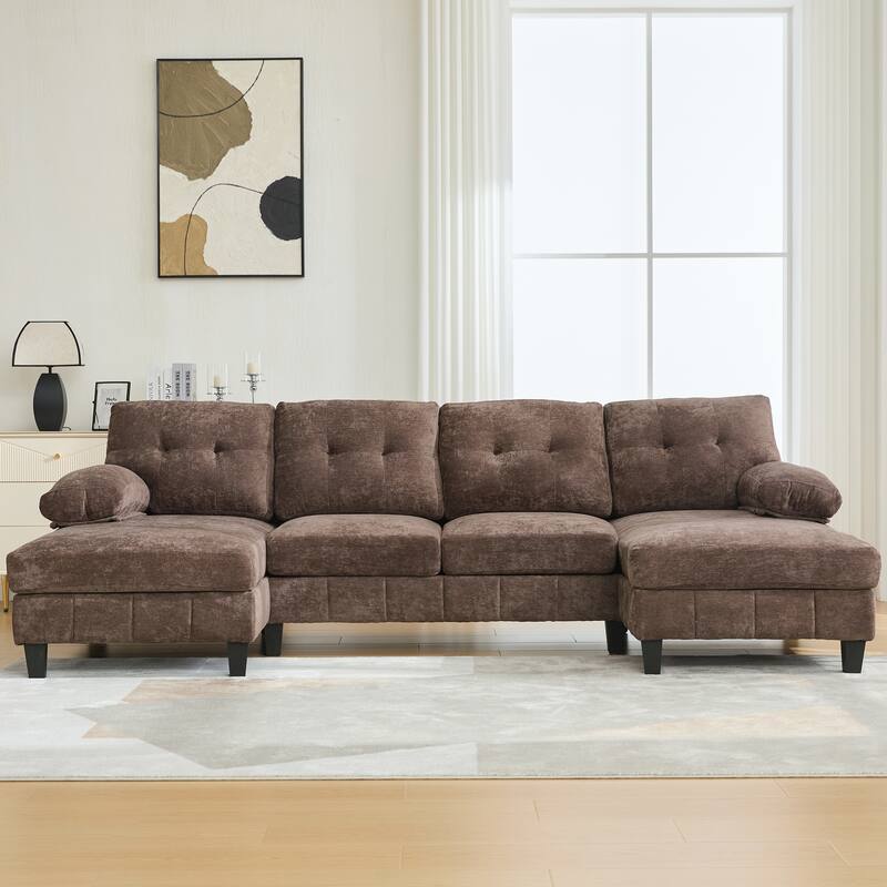 103.5" Chenille Fabric Couch U-Shaped Sectional Sofa with Dual Chaise Lounges, Storage Pockets and Armrest Pillows