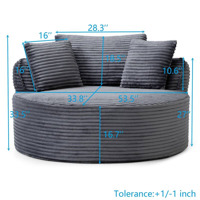 Round Accent Chair, Corduroy Boneless Deep Seat Floor Lounge Chair with 3 Pillows, No Assembly