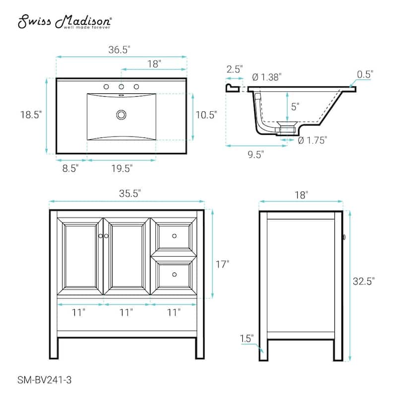 Swiss Madison SM-BV241-3 Chateau 37" Free Standing Single Basin Vanity