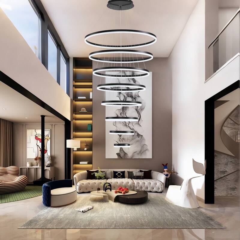 Modern Ring LED Chandelier Ring Adjustable Ceiling Light with Remote Control for High Ceilings