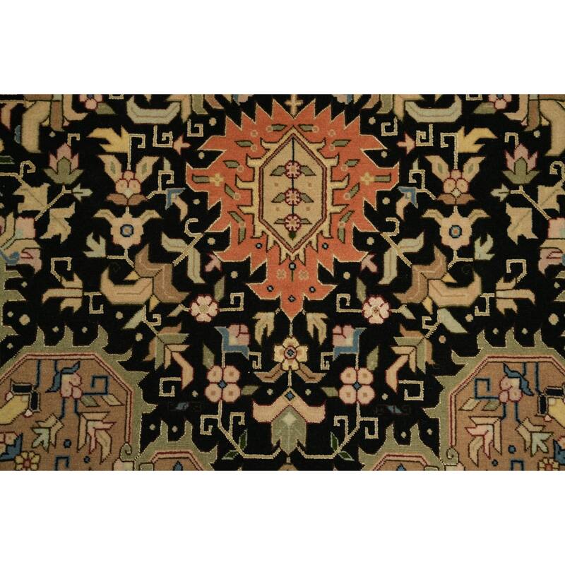 Hand Knotted Oriental Wool & Silk Carpet Traditional Geometric Navy Blue & Blues Tabriz Area Rug - 7' 0'' X 5' 1''