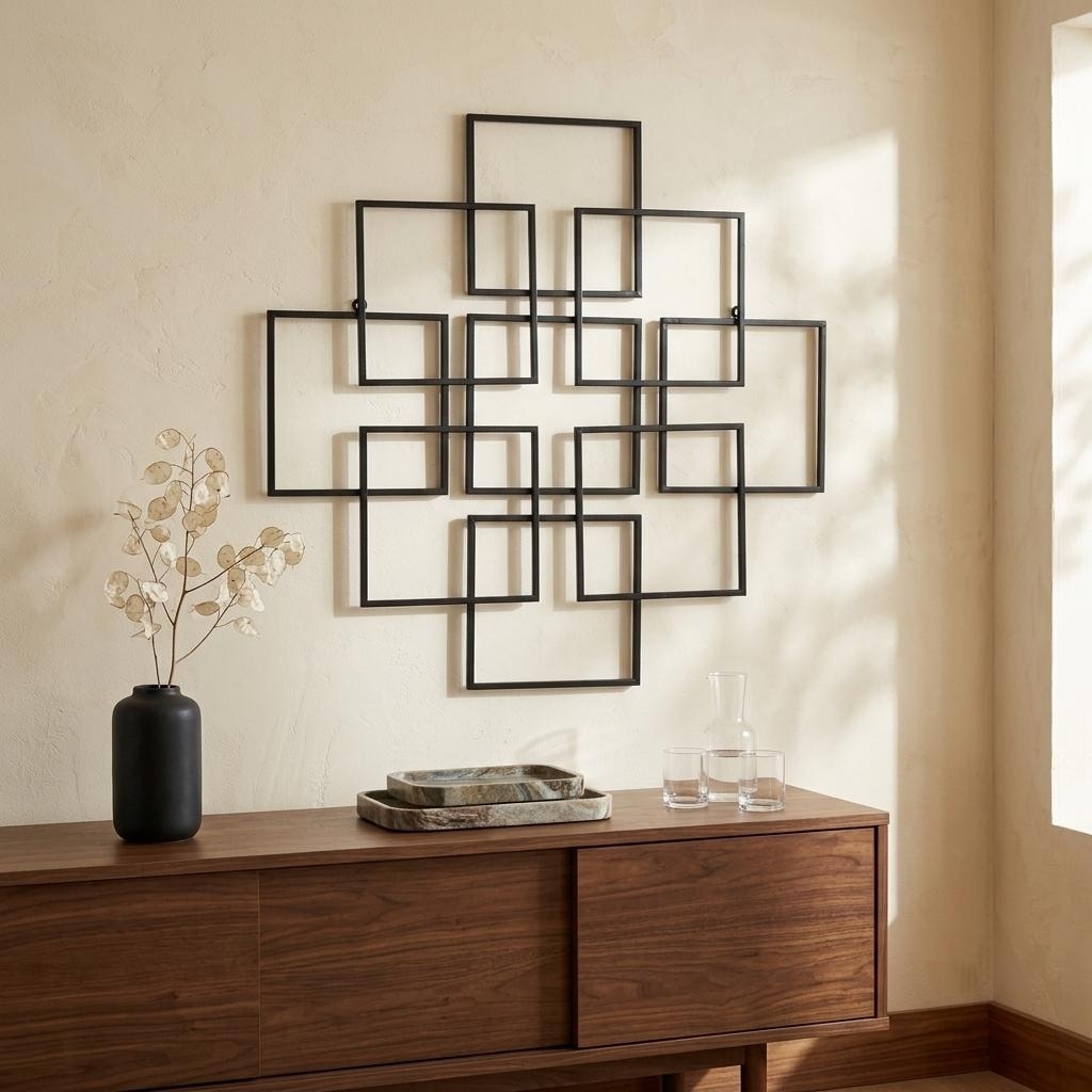 Geometric Metal Wall Art, 9 Overlapping Squares, 30 Inch Modern Abstract Wall Decor for Living Room Entryway