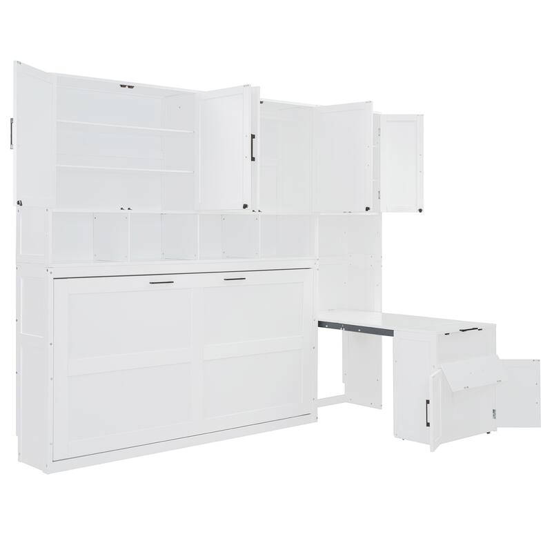 Twin Size Murphy Bed Wall Bed with Closet, Drawers, and Desk, White Finish, Space-Saving Multifunctional Design
