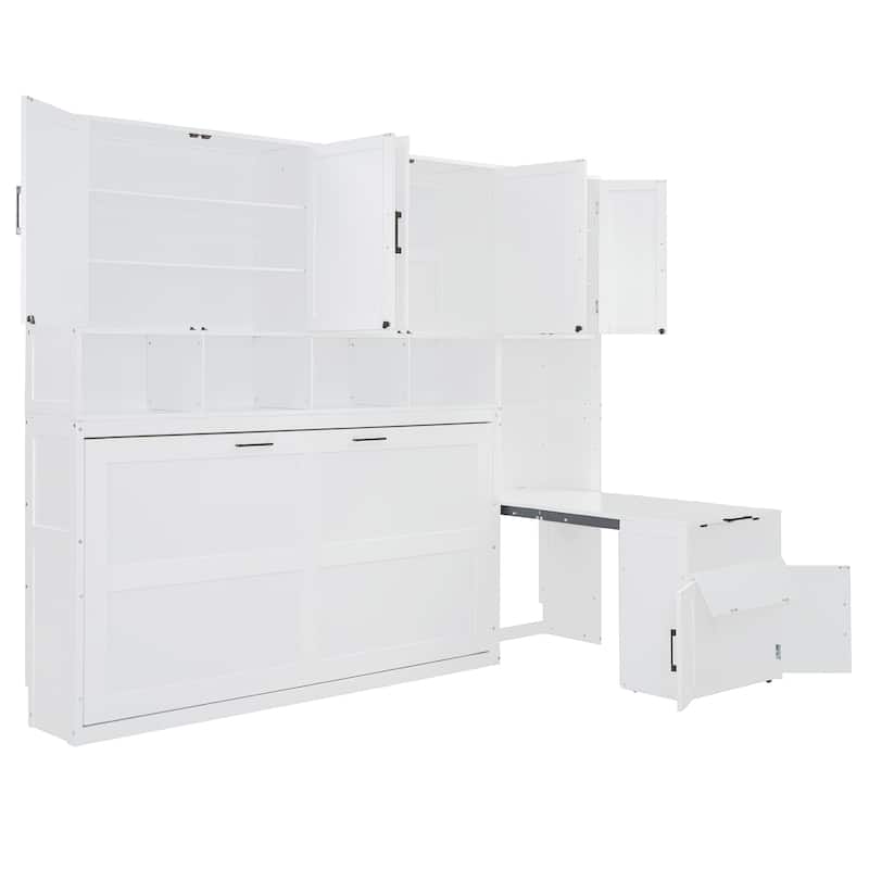 Twin Size Murphy Wall Bed with Closet, Drawers, and Desk, Space-Saving Storage Solution