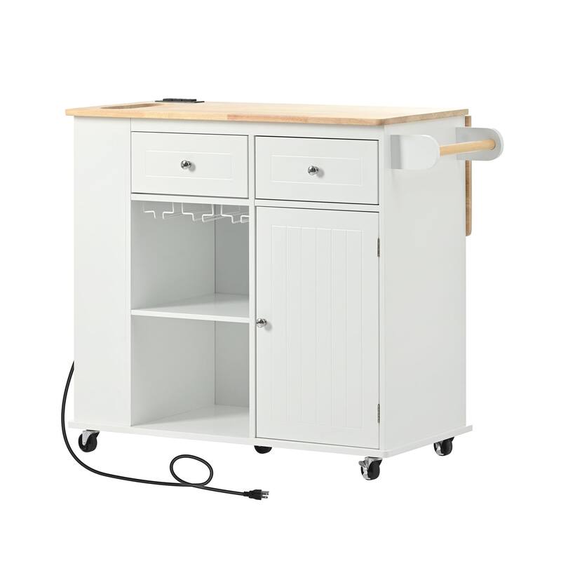 Multifunctional Kitchen Cart with Power Outlet, Open Storage and Wine Rack - 40" x 30"