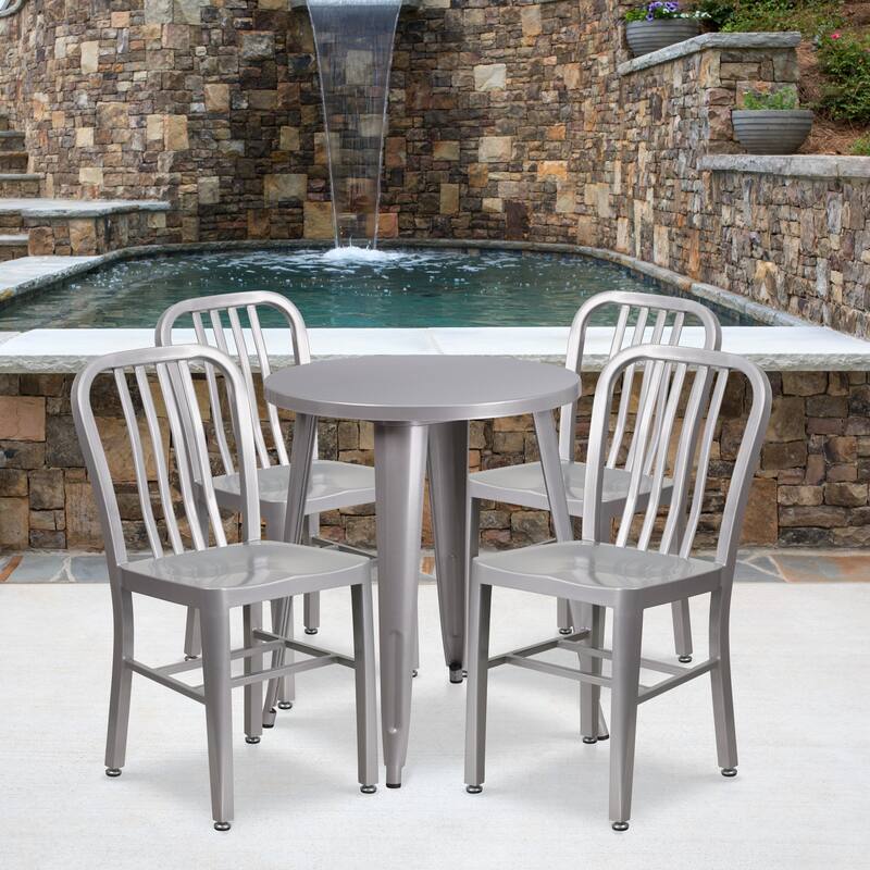 24'' Round Metal Indoor-Outdoor Table Set with 4 Vertical Slat Back Chairs