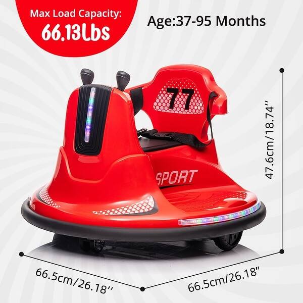 dimension image slide 2 of 3, Electric Ride-On Bumper Car with Remote Control, Featuring LED Lights and 360-Degree Spin, Suitable for Indoor and Outdoor Use