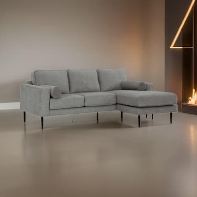 Haez 85 Inch Sofa Chaise, 2 Bolster Pillows, Chevron, Light Gray Polyester