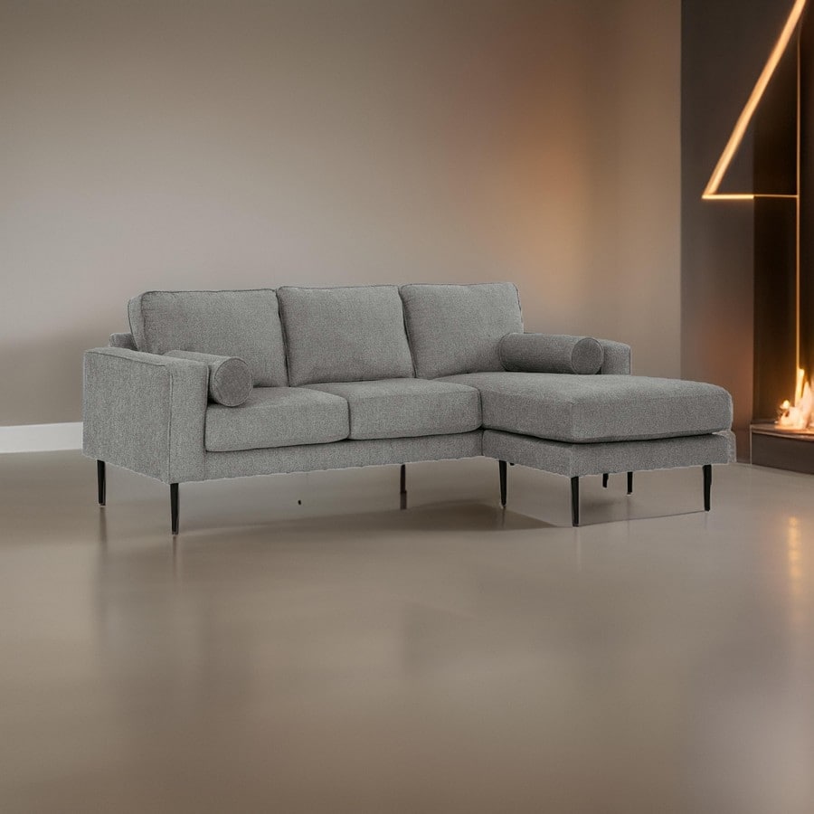 Haez 85 Inch Sofa Chaise, 2 Bolster Pillows, Chevron, Light Gray Polyester