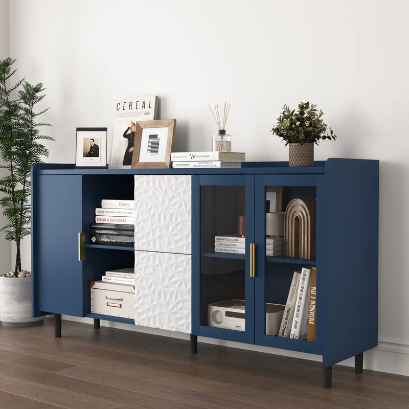 Coffee Bar Cabinet with 2 Drawers, Kitchen Pantry with 2 Glass Doors, Buffet Cabinet with 2 Open Storage Compartment