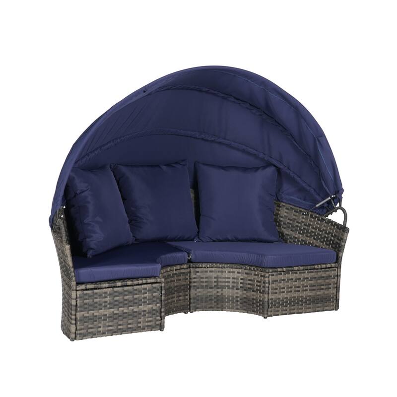 Outdoor Round Daybed with Retractable Canopy, Cushions, Table,Set of 5