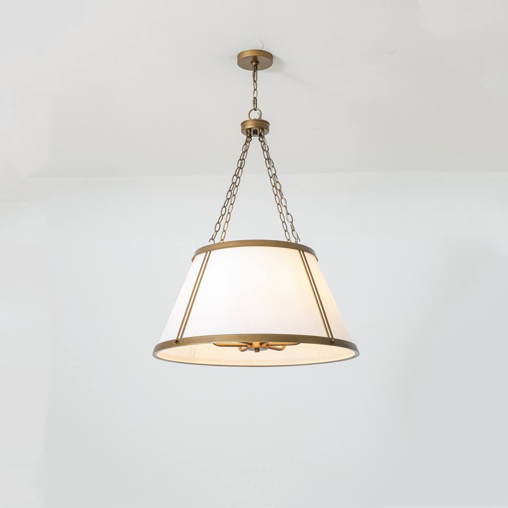 Rennnsan 6-Light Farmhouse Brushed Gold Fabric Drum Chandelier with White Tapered Shades for Dining Room Living Room