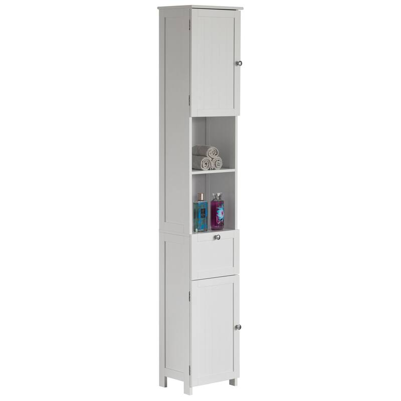 White Tall Standing Bathroom Linen Tower Storage Cabinet - White