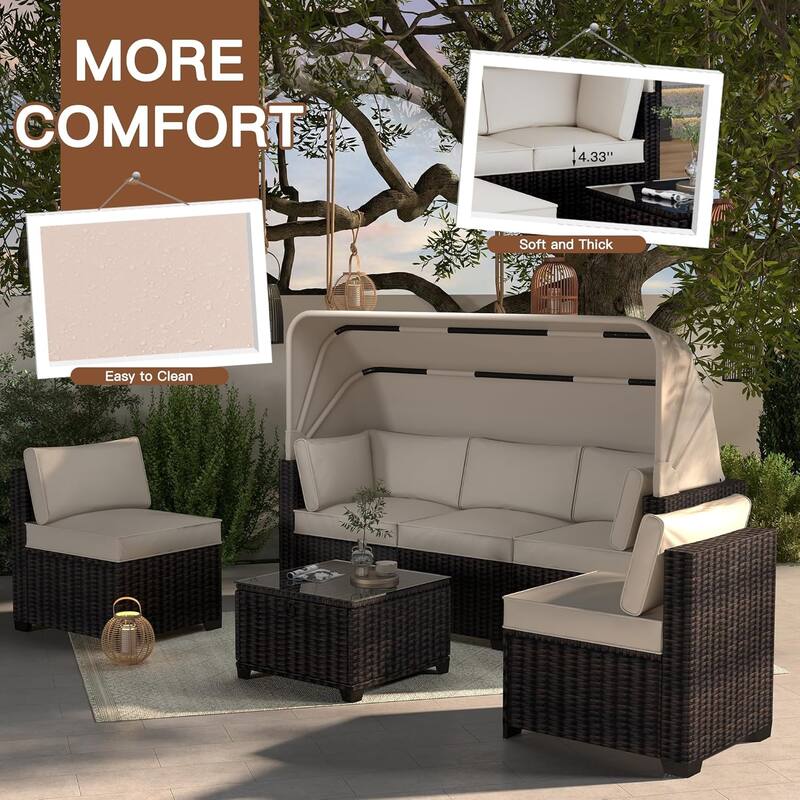 6-Piece PE Rattan Patio Sectional Set, Weather-Resistant Furniture, Retractable Canopy, Adjustable Backrest, Outdoor