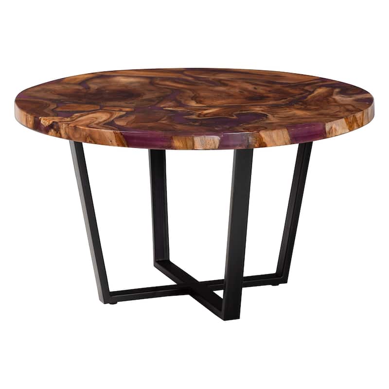 Apio Round Wood Epoxy Resin Coffee Table - Handcrafted Live Edge Teak Wood Accent Table with Black Metal Base, Modern Rustic - Natural Brown/Purple/Black