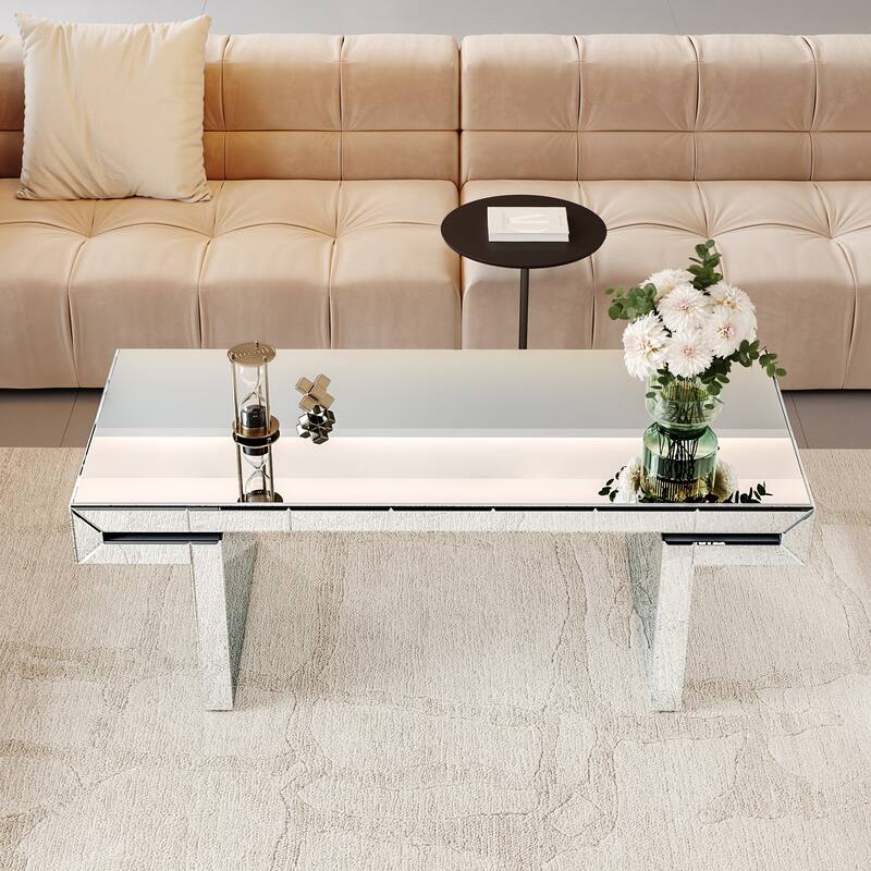 Roomfitters 47" Rectangular Mirrored Coffee Table, Fluted Tempered Glass Center Table for Living Room, Silver