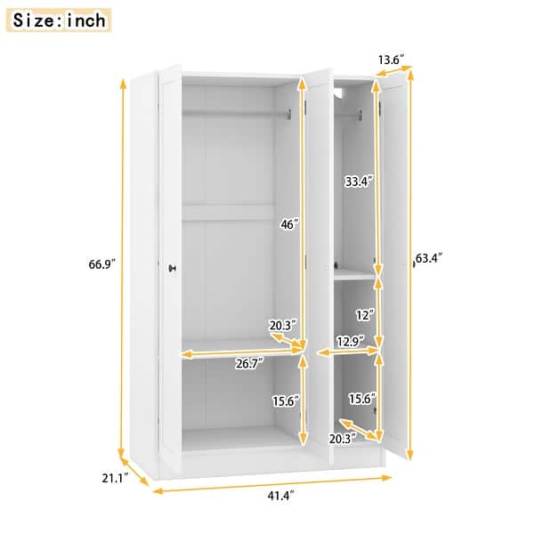Bedroom 3-Door Shutter Wardrobe with Shelves & Hanging Rail, White ...