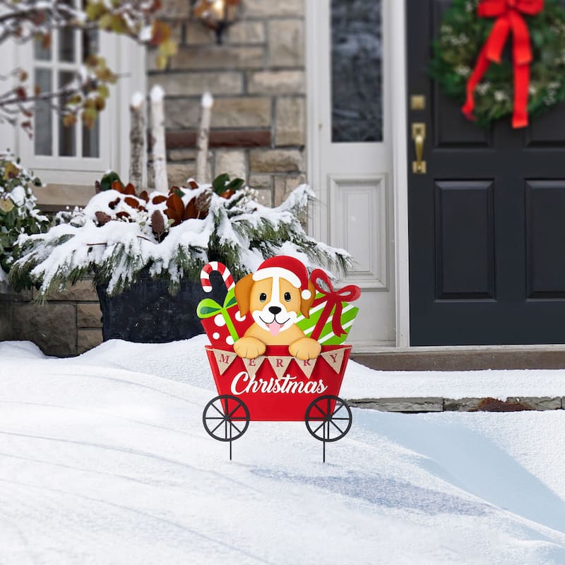 Glitzhome 24"H Metal Christmas Dog and Gift Cart Yard Stake Wall Decor - Multi