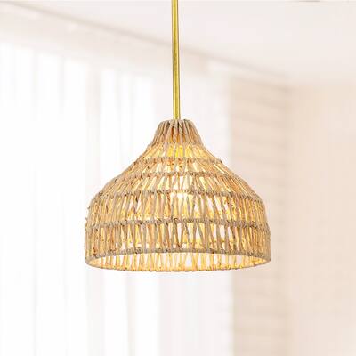 Ida 1-Light Gold Bohemian Pendant Light with Natural Abaca Woven Shade - 12 in. W