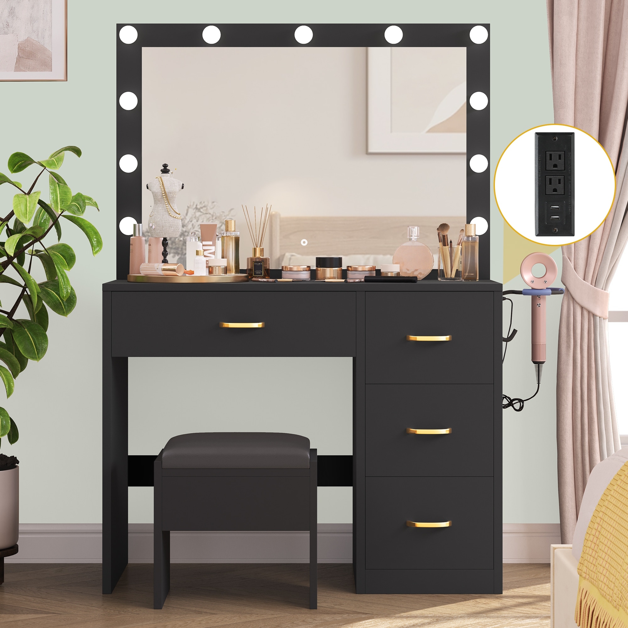 Makeup desk deals with lighted mirror