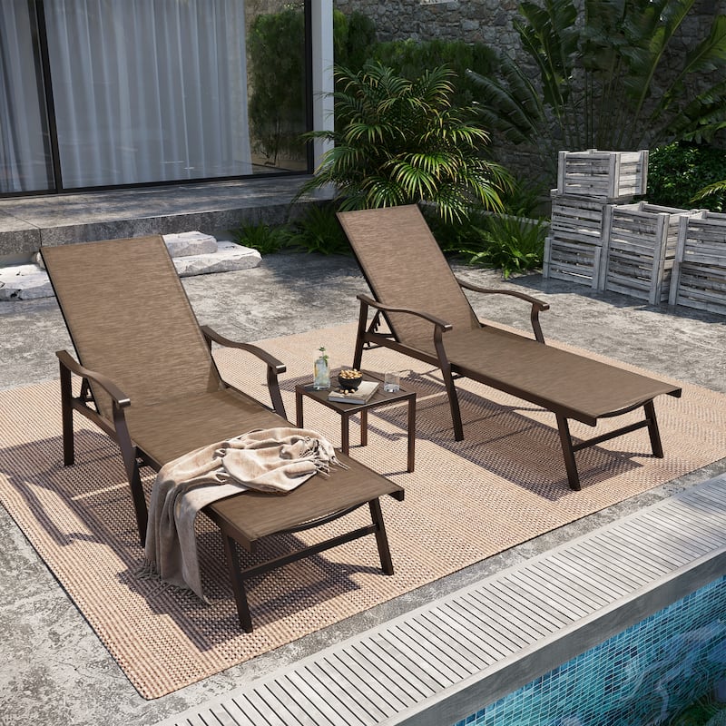 Outdoor Chaise Lounge Chair Reclining Sunlounger Set with Side Table - Set of 3 - Brown
