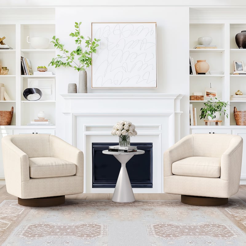 Modern Upholstered Accent Chair Fabric 360° Swivel Barrel Set of 2 Armchair Wood Frame - Warm Beige