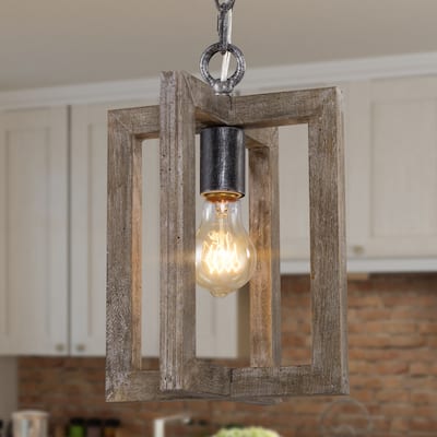Kiria Farmhouse Rustic Wood Pendant Lights Mini 1-light Kitchen Islands Dimmable Ceiling Lighting - D8" x H10.5"