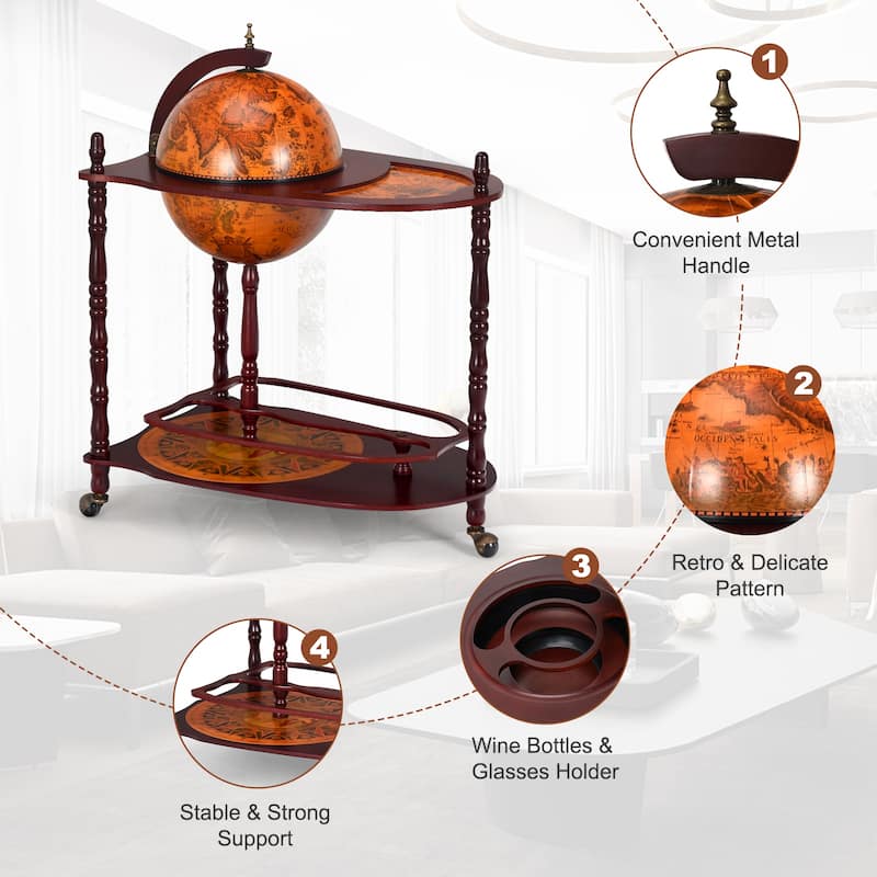 Vintage Globe Wine Stand Bottle Rack with Extra Shelf - 27.5" x 17.7" x 34.6" (L x W x H)