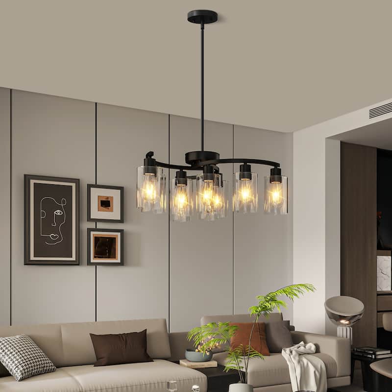 9-Light Glass Chandelier, Adjustable Height Dining Room Light Fixtures Over Table, Contemporary Hanging Chandelier