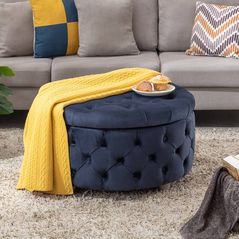 29.5" Wide Velvet Tufted Round Ottoman With Storage - Navy Blue