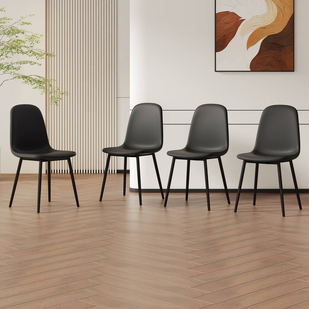 All Black Dining Chair with Metal Frame Kitchen Side Chair with Backrest Waterproof Leather Dining Chair, Set of 4