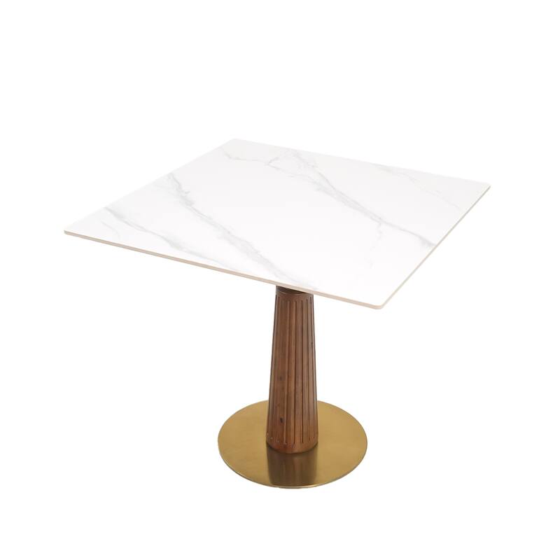 33" Retro Square Side Table, Glass & Sintered Stone Tabletop Dining Table with Solid Wood Pedestal
